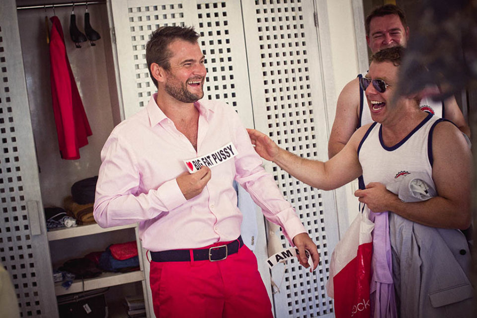 Groom and best men share joke
