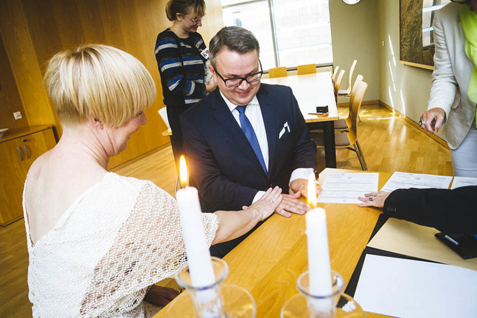 Bride and groom share moment during wedding ceremony