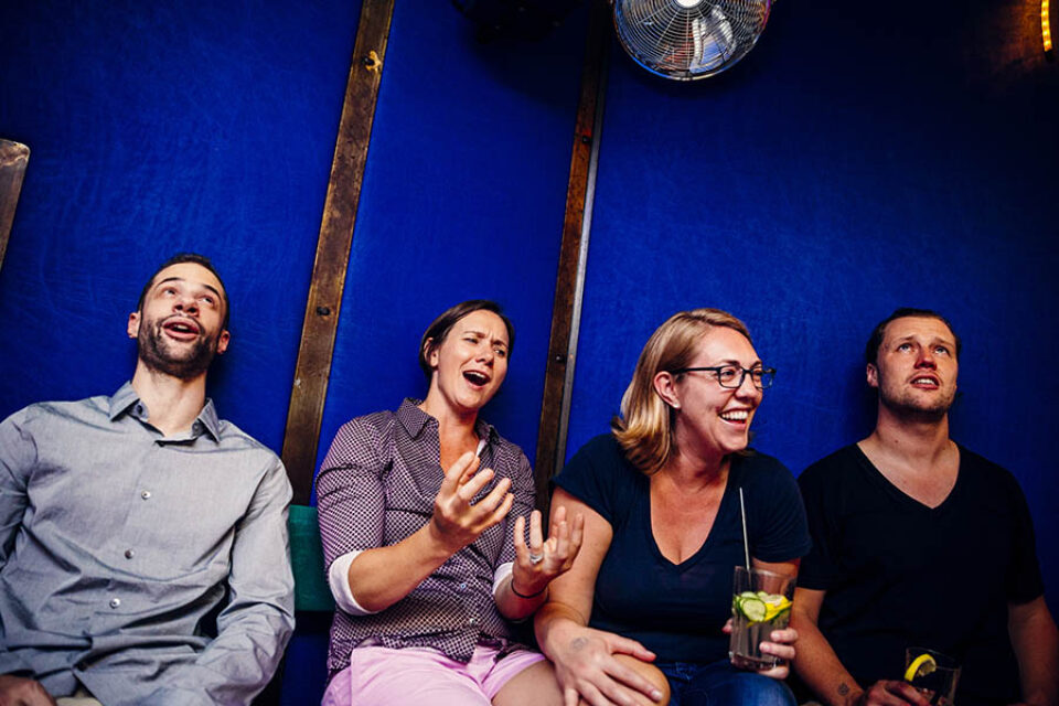 Wedding guests enjoy karaoke