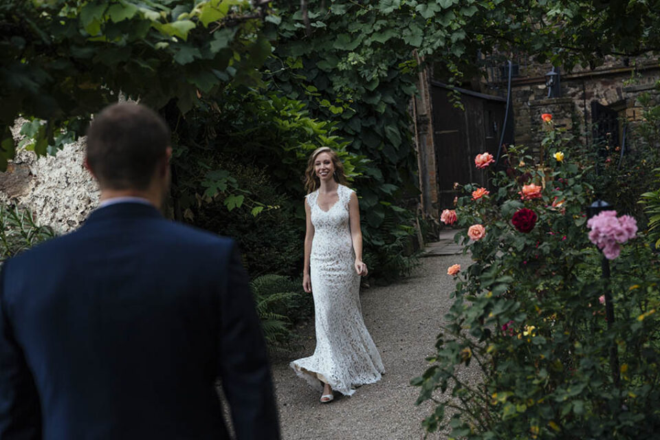 Bride and groom first look, castle garden