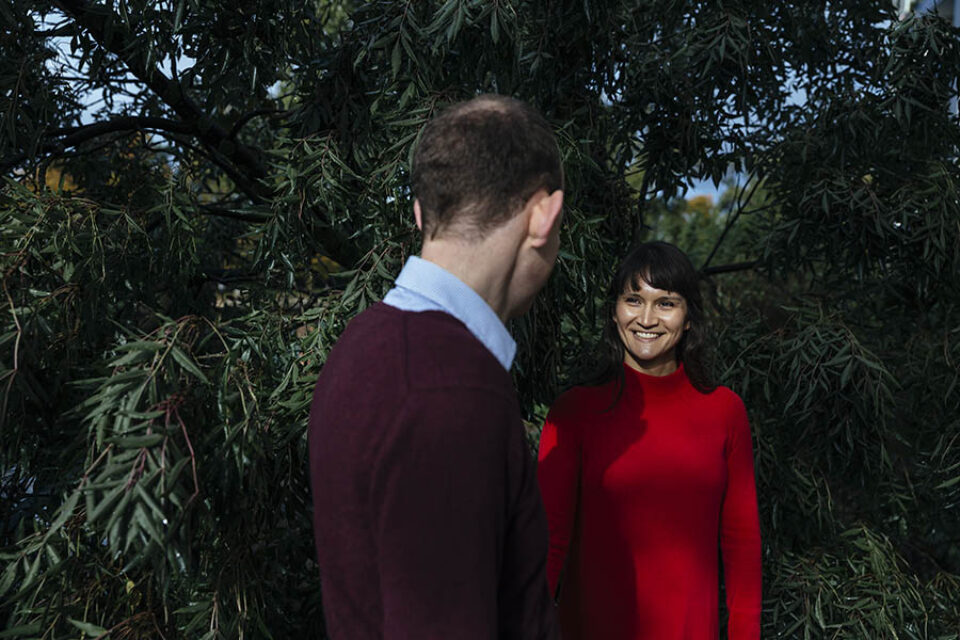 Fiancee smiling at fiance