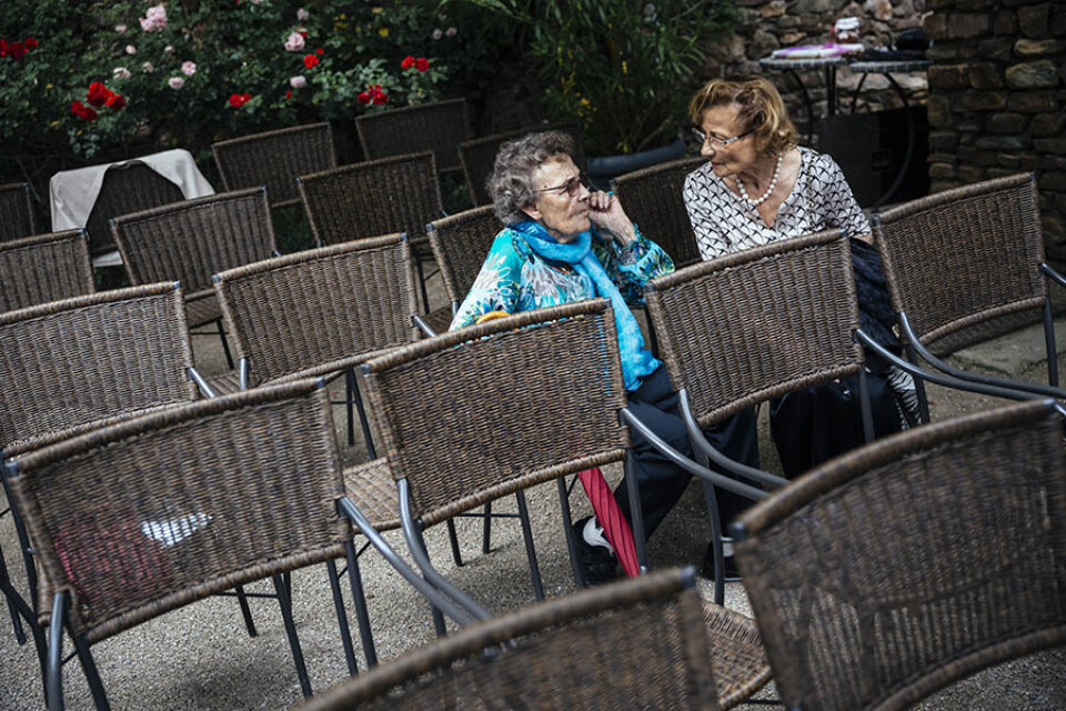 Elderly guests chat among chairs