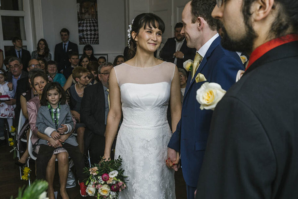 Bride looking lovingly at groom