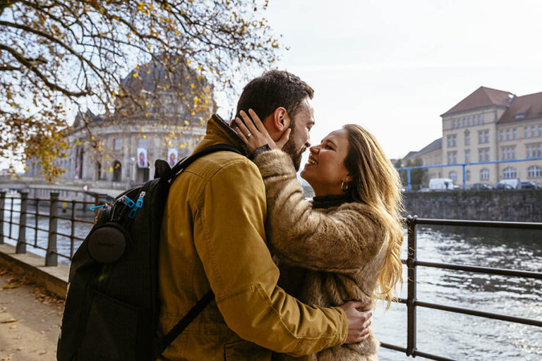 Woman embracing fiance after proposal