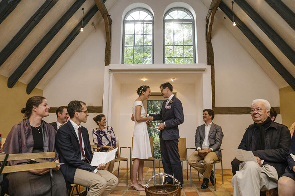 Bride and groom chapel wedding ceremony