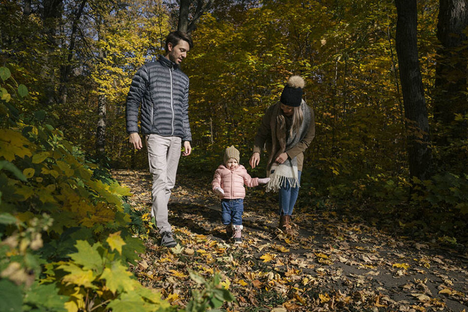 Toddler with parents, autumn
