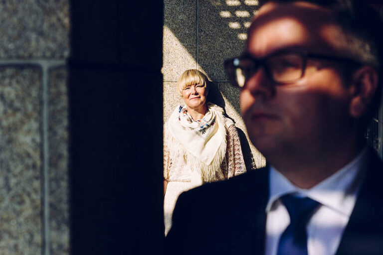 Elopement photographer - High contrast newlyweds street portrait
